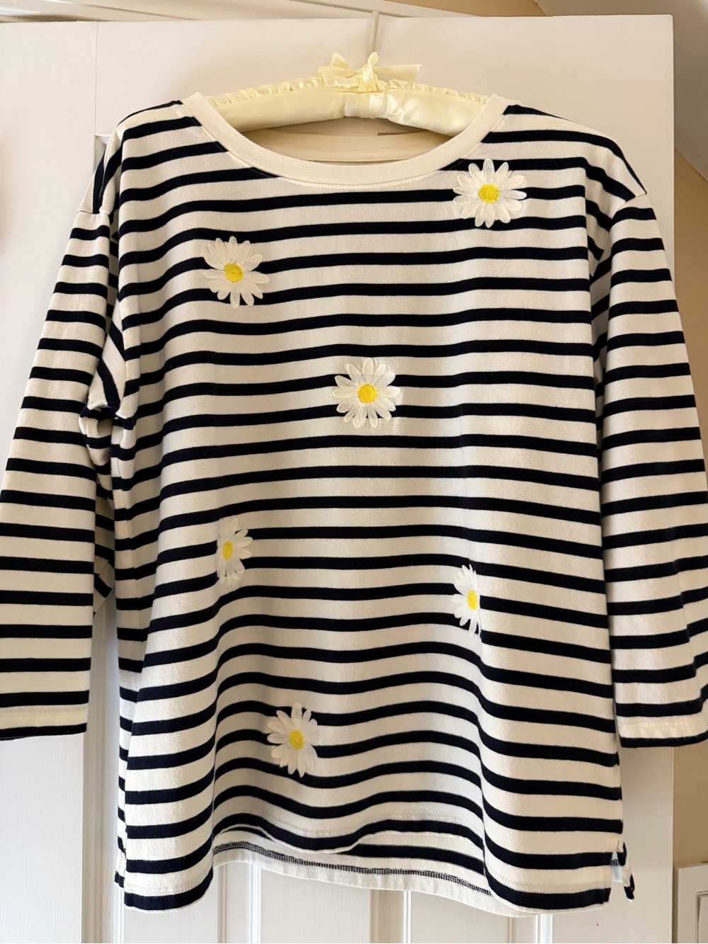 Talbots Black and White Striped Long-Sleeve Top with Daisy Embroidery